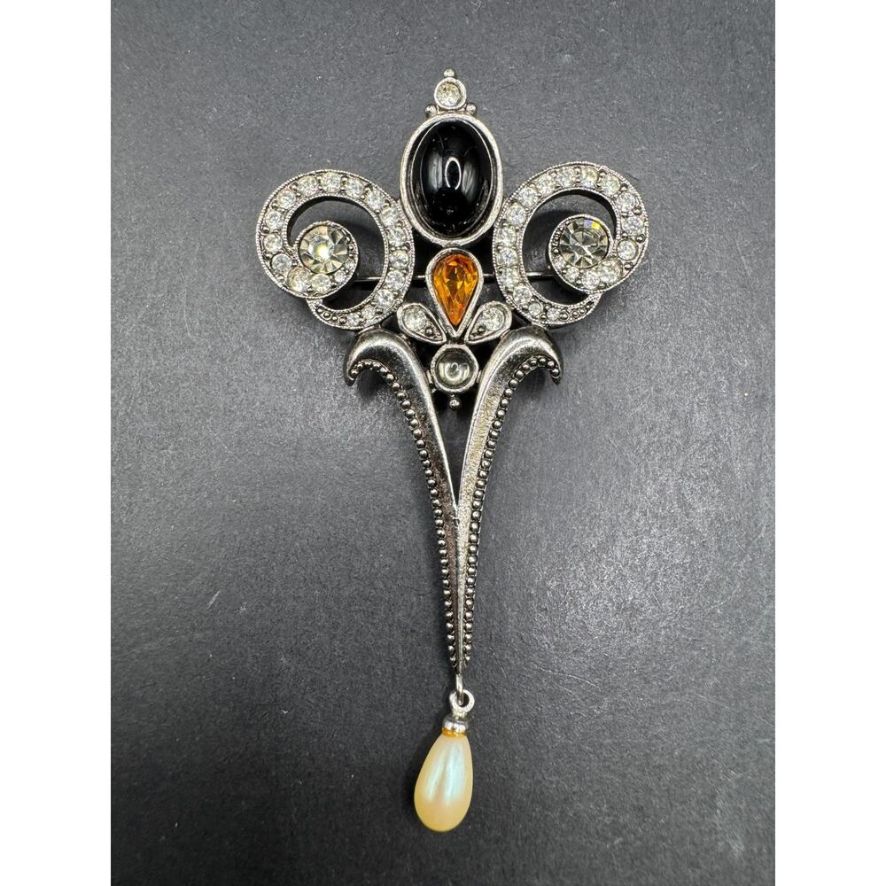 Vtg Richelieu Silver Tone Black Onyx Amber Clear Rhineston Flower Pin/Brooch